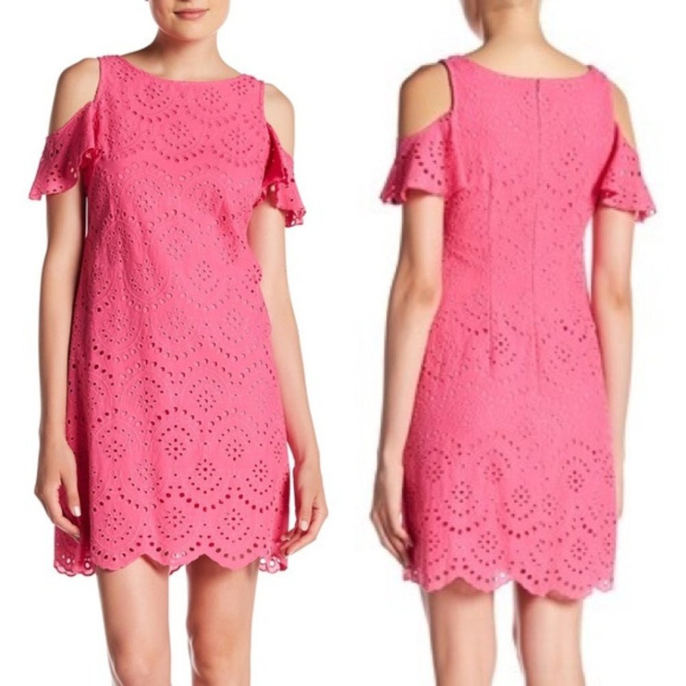 Eliza J Cold Shoulder Eyelet Detail Cotton Dress Pink Lined